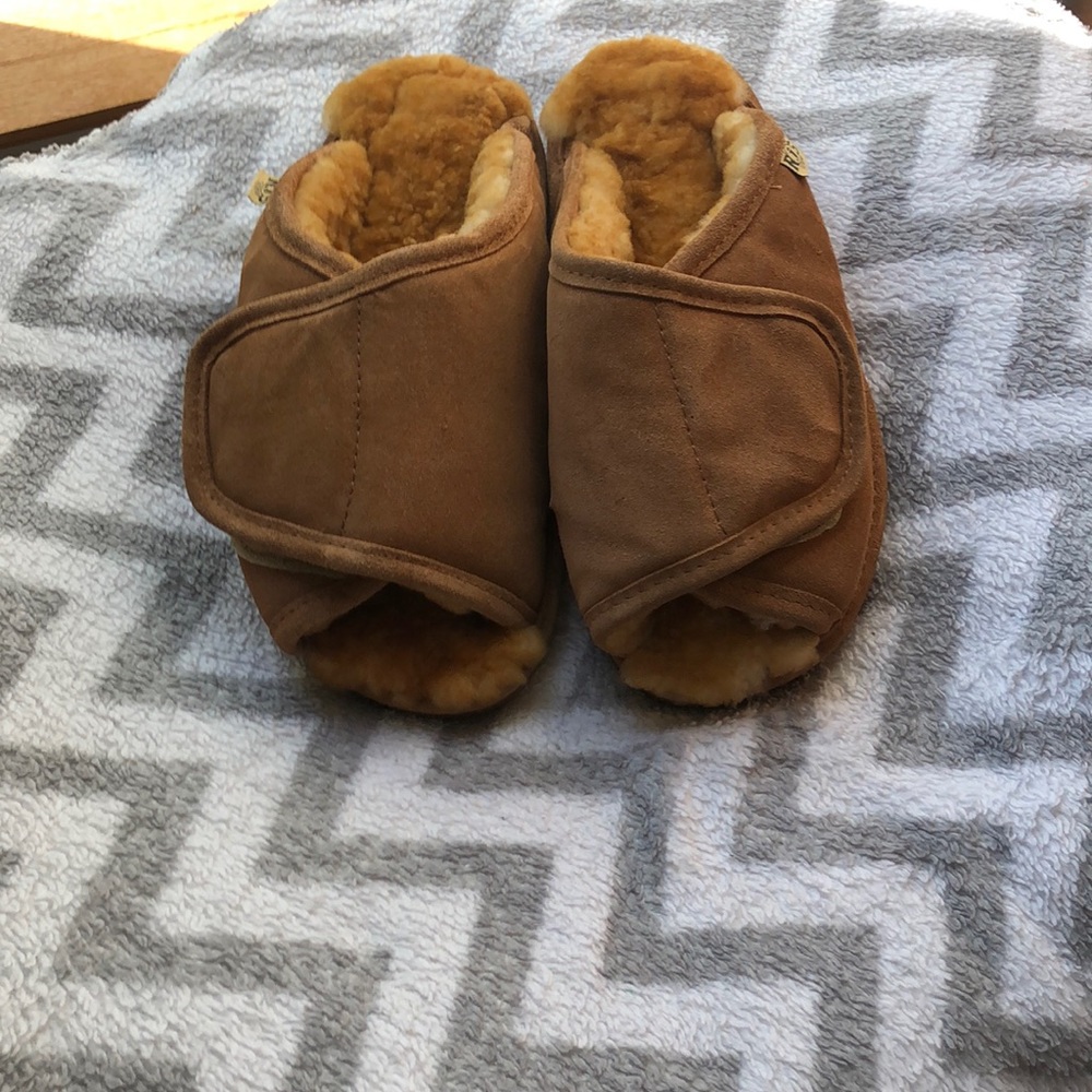 Tan Velcro adjustable slides sandals